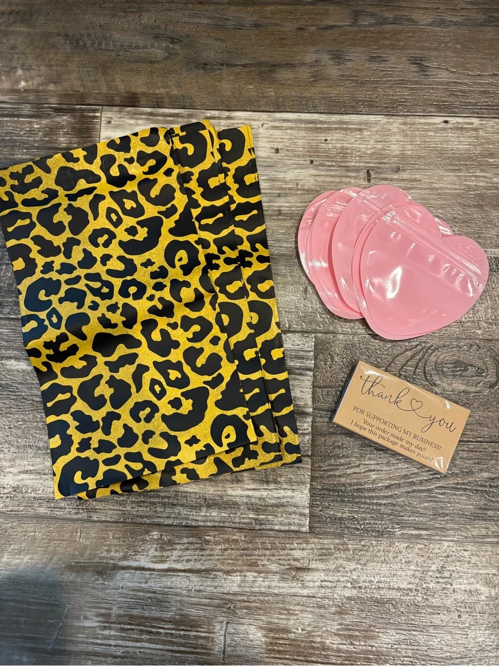 50 Pc Shipping Bundle - 10 6x9 Leopard Poly Mailers, 10 Heart Baggies, 30 Cards